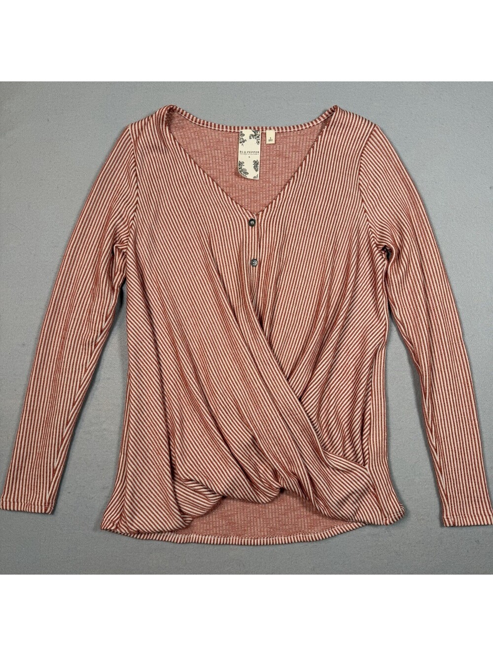 Blu Pepper Women's Small Striped Faux Front Wrap Top Long Sleeve Rust